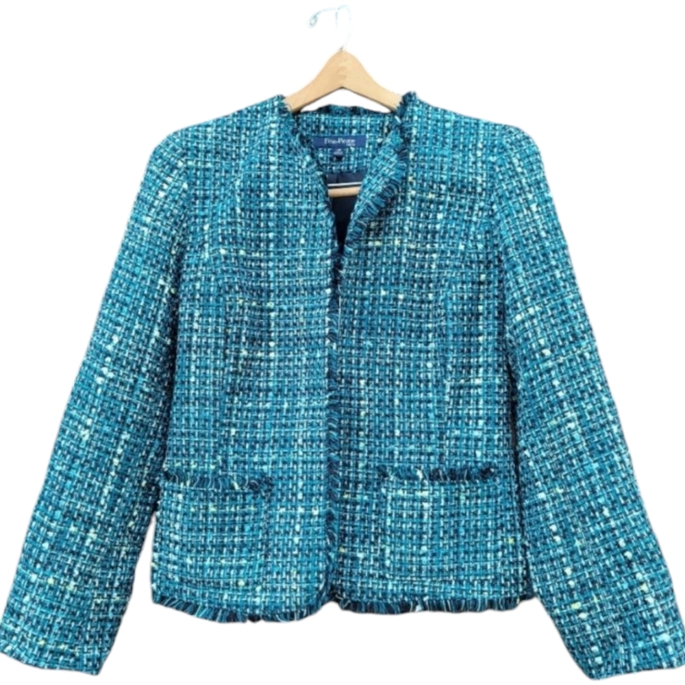 Evan Picone jacket teal tweed short fringe edges lined 10P office woven petite